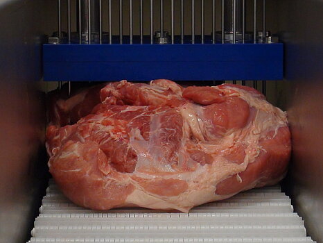 Photo montrant une pièce de viande dans un injecteur industriel, au moment où les aiguilles pénètrent la viande pour injecter une solution