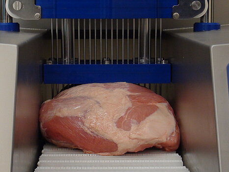 Photo montrant une pièce de volaille dans un injecteur industriel, au moment où les aiguilles pénètrent la viande pour injecter une solution