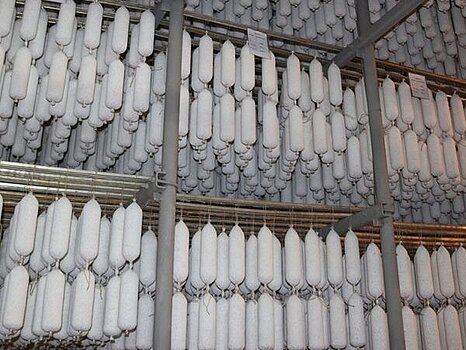 Photo montrant des saucissons entièrement séchées, pendues en rangées serrées sur des supports métalliques dans un espace de séchage